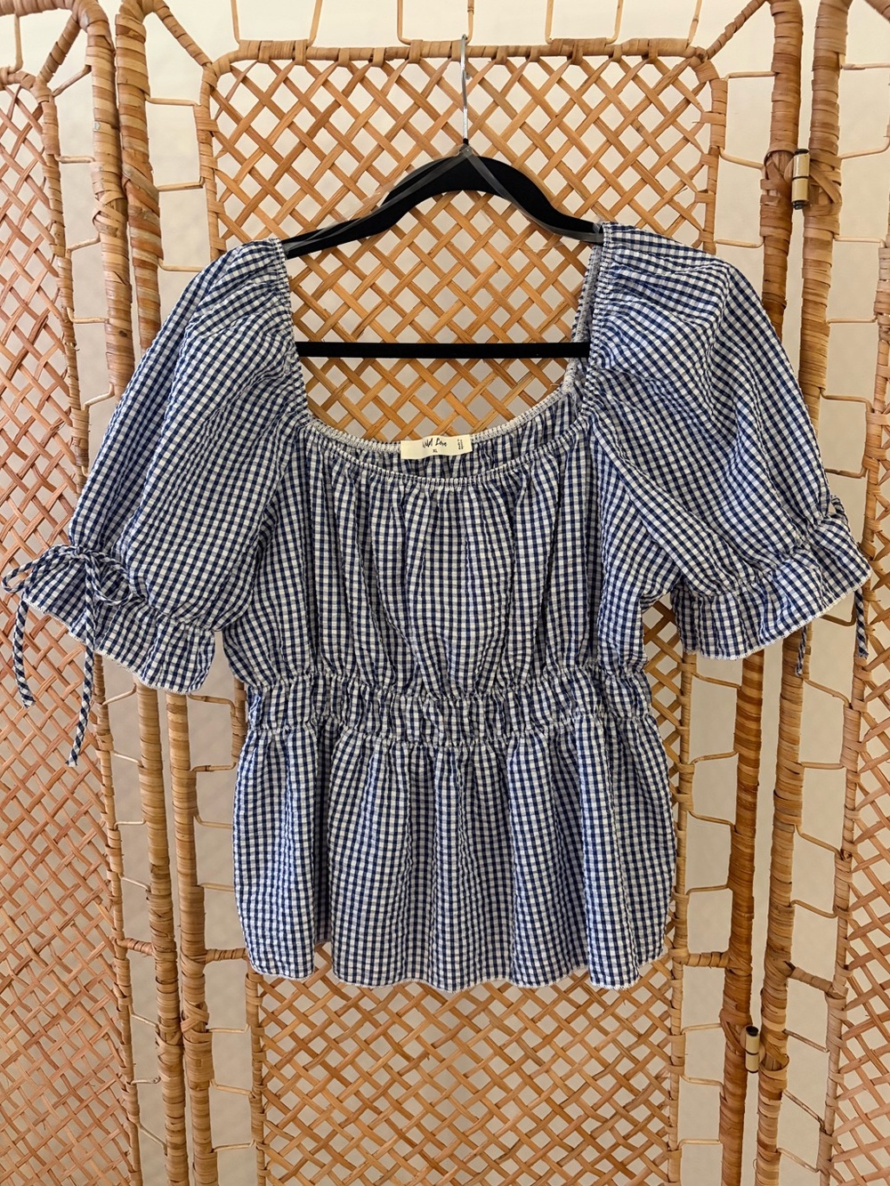 Women’s Blue Gingham Smocked Waist Puff Sleeve Top